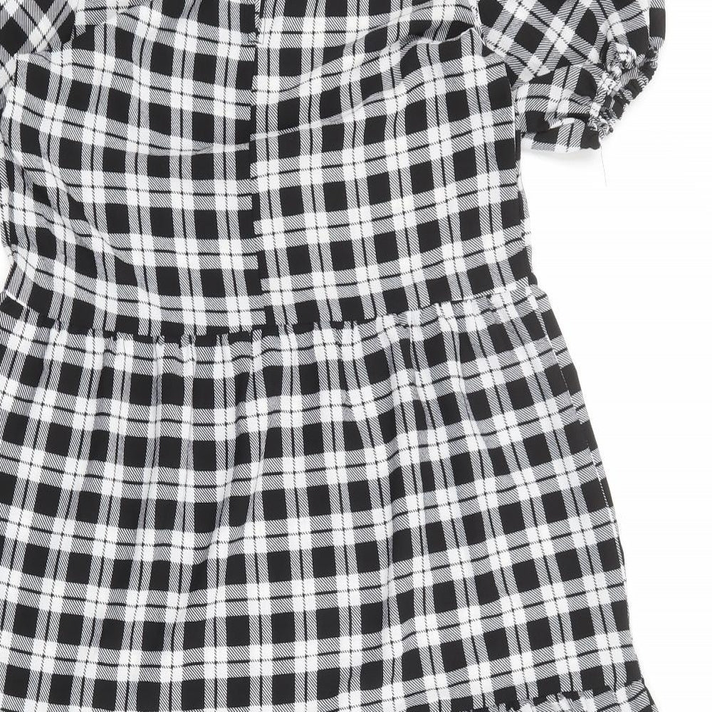 Divided by H&M Womens Black Plaid Polyester A-Line Size S Round Neck Button