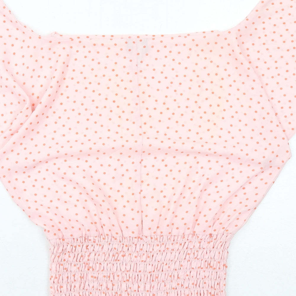 ASOS Womens Pink Polka Dot Polyester Basic Blouse Size 6 Off the Shoulder - Shirred