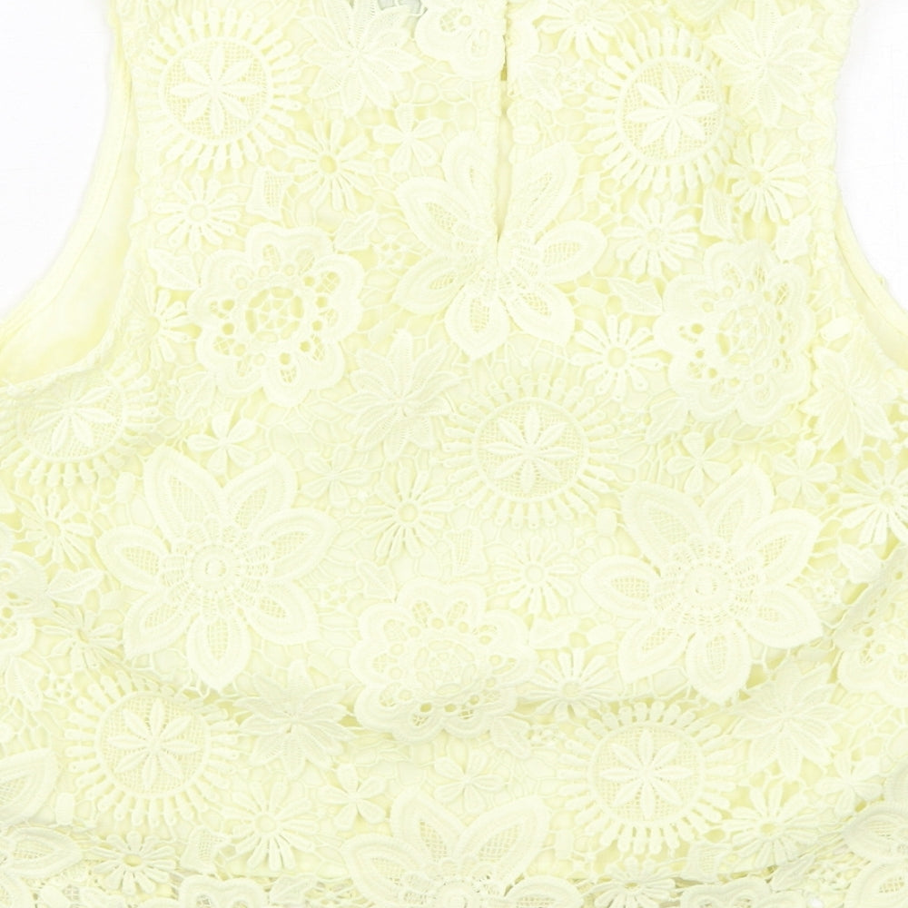 Topshop Womens Yellow Polyester Basic Blouse Size 12 Boat Neck - Crocheted Lace Overlay