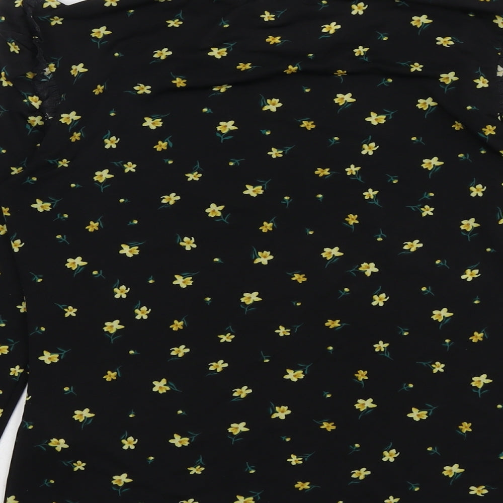 Warehouse Womens Black Floral Polyester Basic T-Shirt Size 10 Round Neck