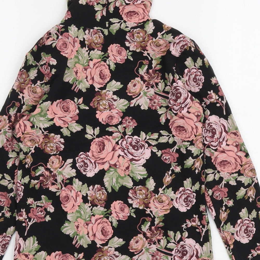 Brand and care label for Next girls’ black floral cotton basic t-shirt, size 10, years roll neck pullover