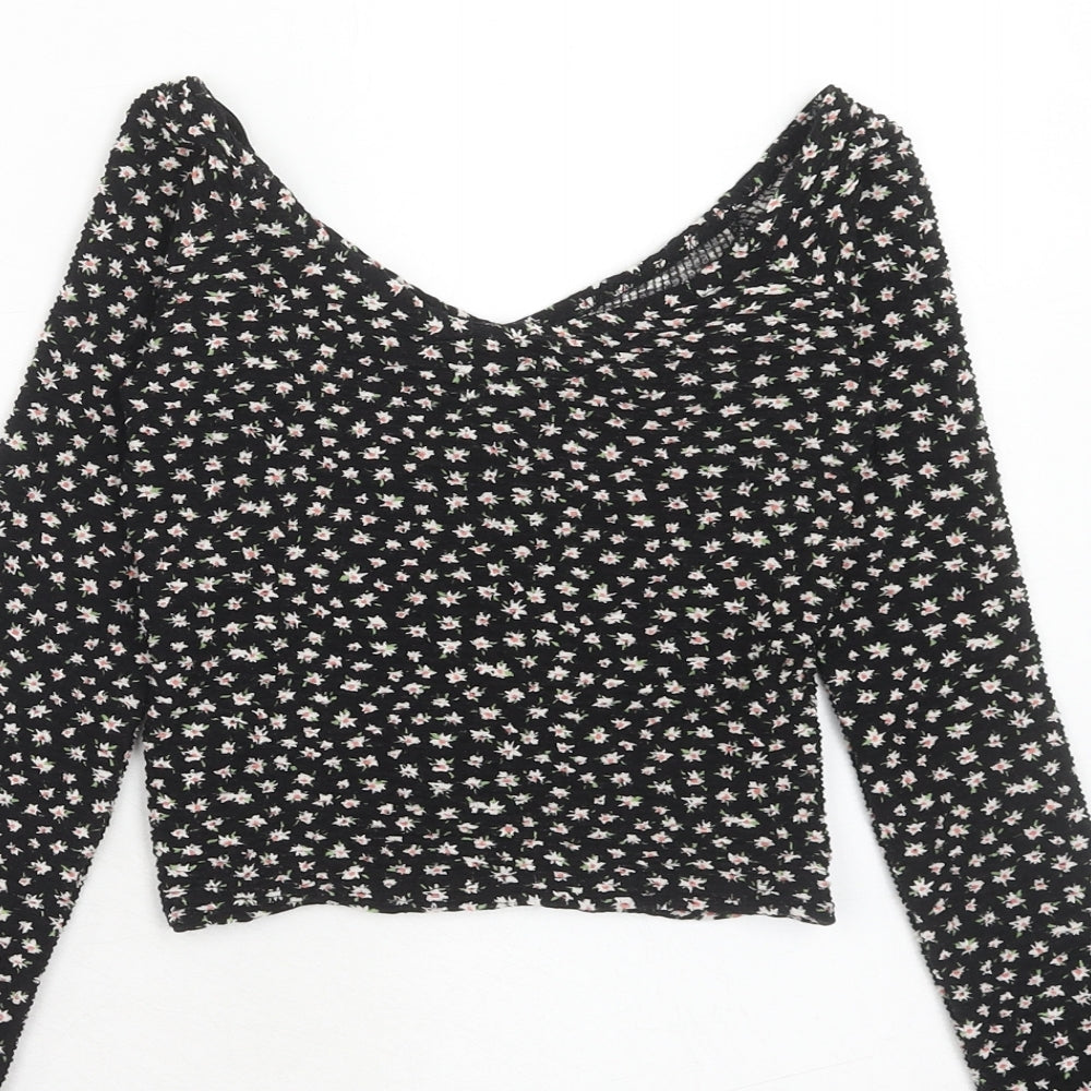 Bershka Womens Black Floral Polyester Basic T-Shirt Size XS Off the Shoulder