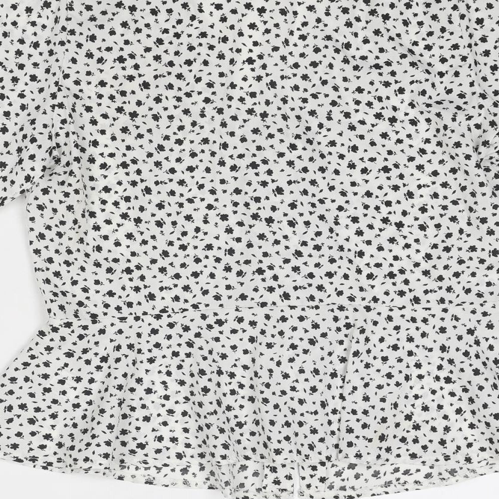 New Look Womens White Geometric Polyester Basic Button-Up Size 8 V-Neck
