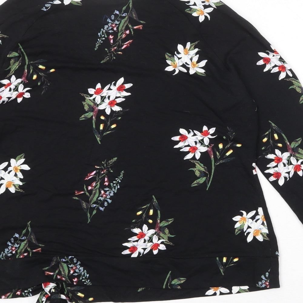 Per Una Womens Black Floral Viscose Basic Blouse Size 12 Boat Neck - Tie Front Detail