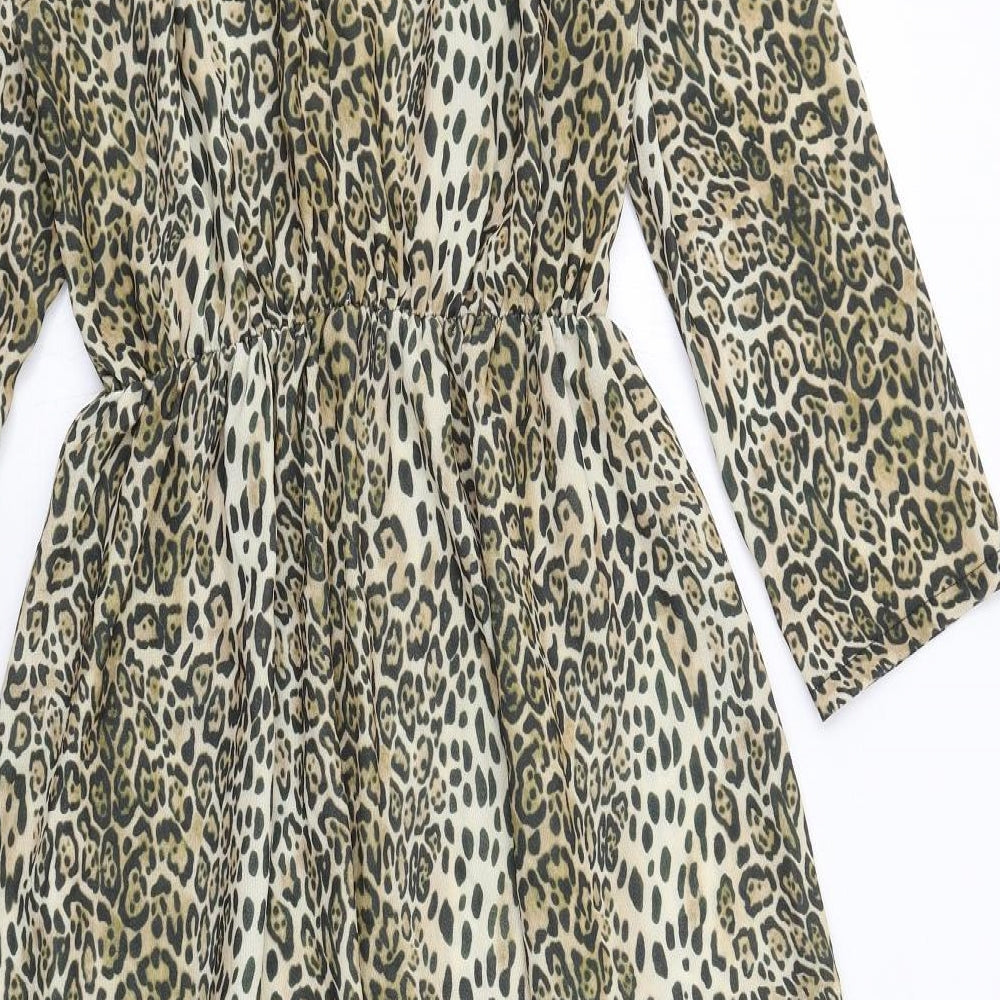 I SAW IT FIRST Womens Brown Animal Print Polyester A-Line Size S Round Neck Button - Leopard Print