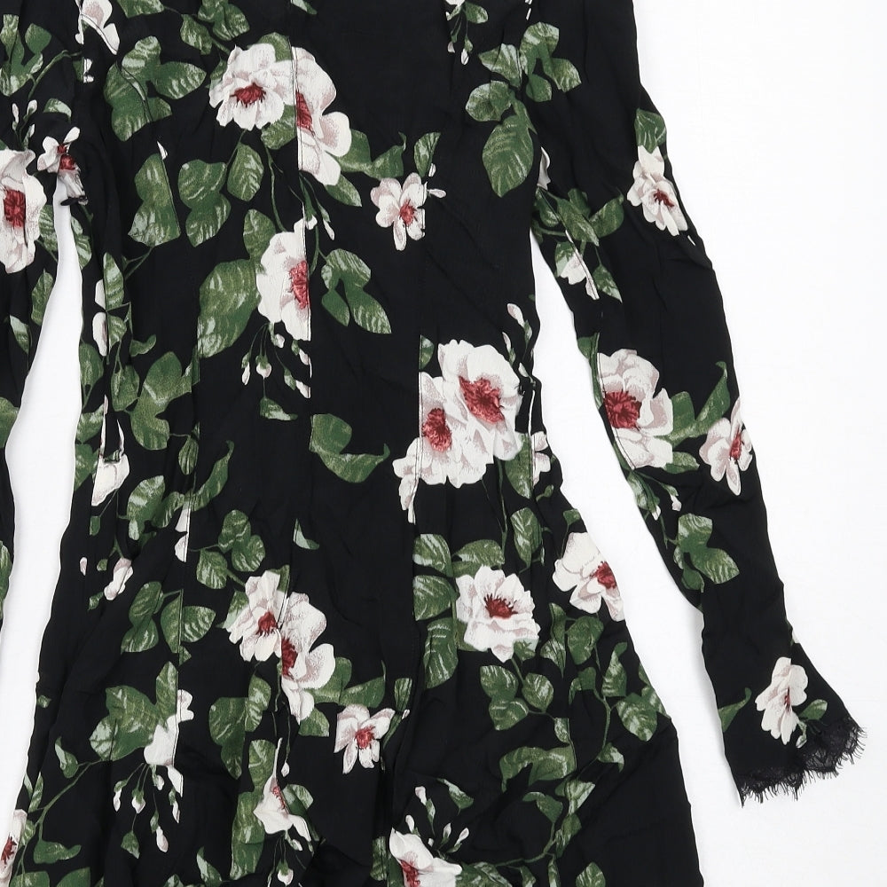 Very Womens Black Floral Viscose A-Line Size 10 V-Neck Zip - Lace Details