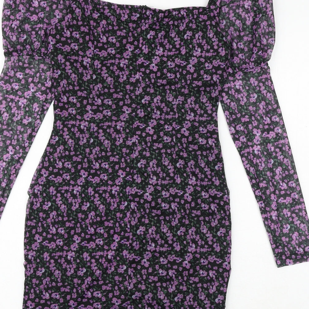 Quiz Womens Purple Floral Polyester Bodycon Size 10 Square Neck Zip