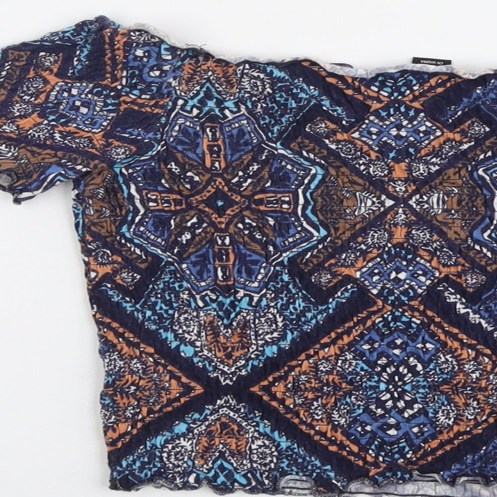 Monki Womens Blue Geometric Cotton Cropped Blouse Size S Off the Shoulder - Shirred
