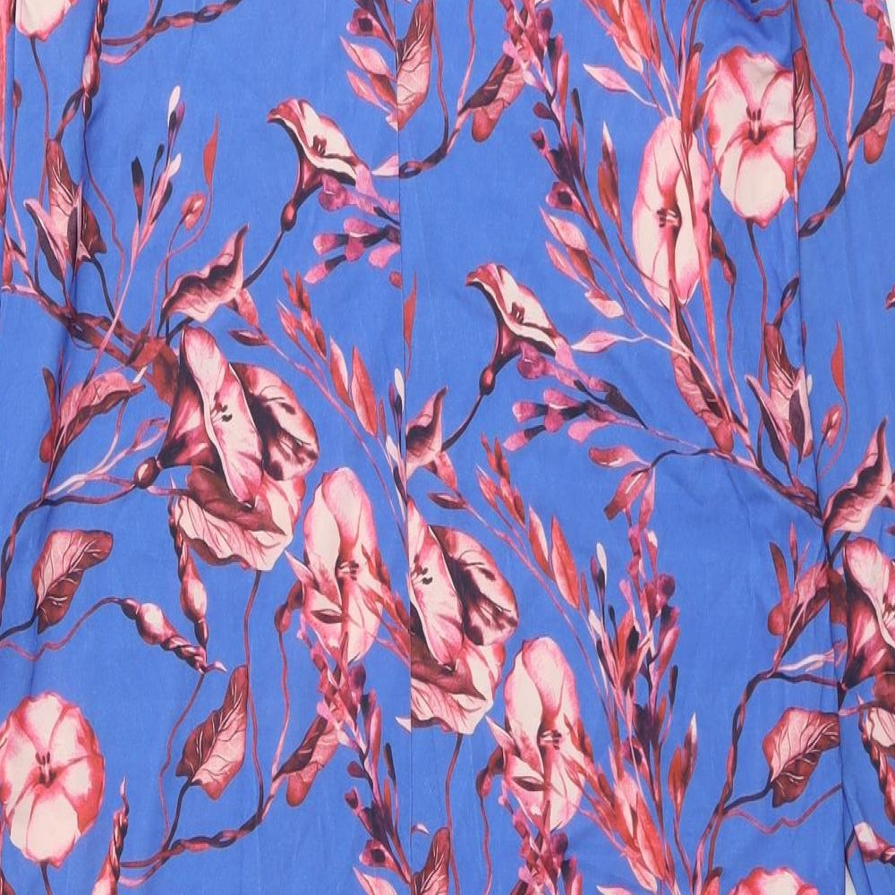 Zara Womens Blue Floral Polyester A-Line Size S Mock Neck Button
