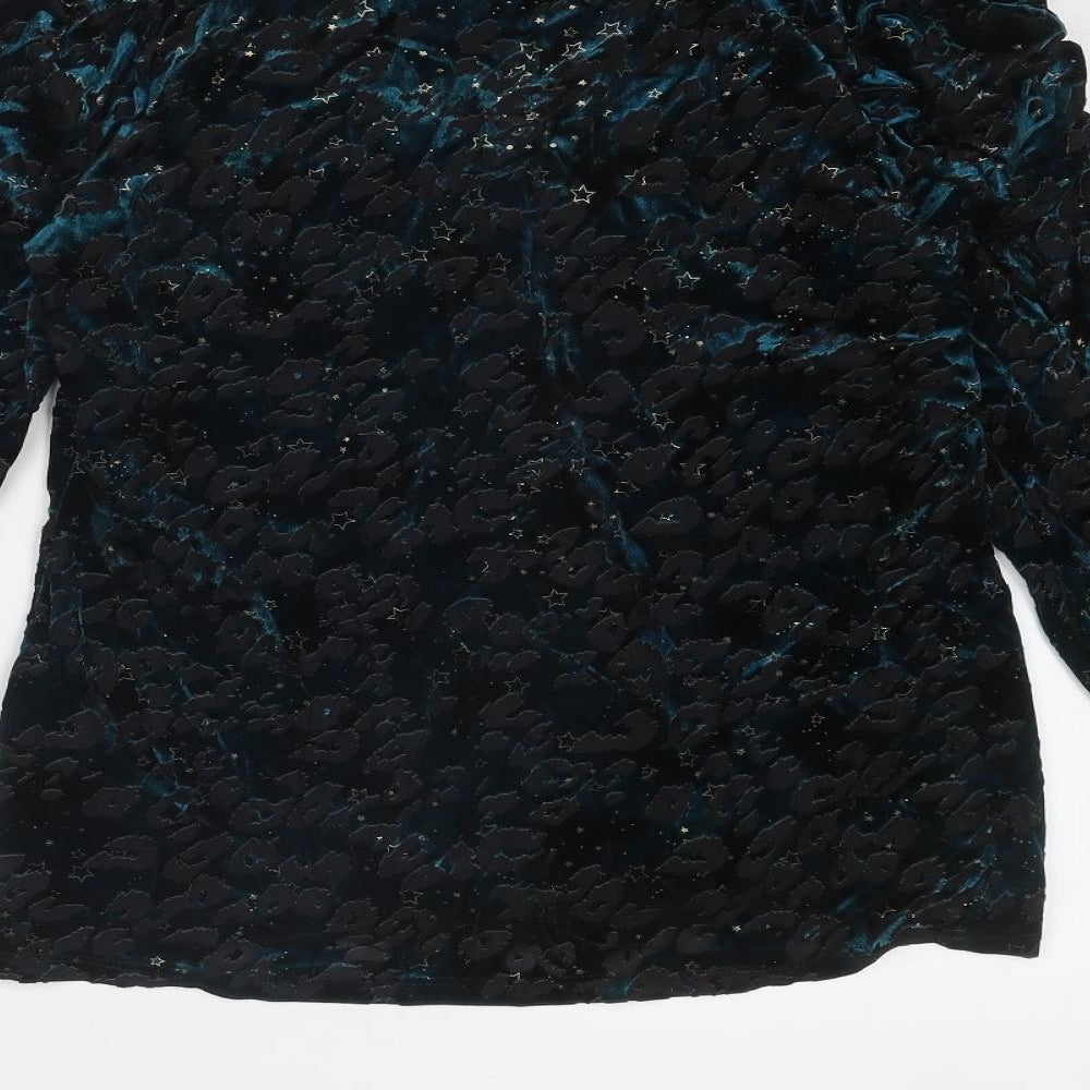 Monsoon Womens Blue Animal Print Polyester Basic Blouse Size M V-Neck - Leopard Pattern