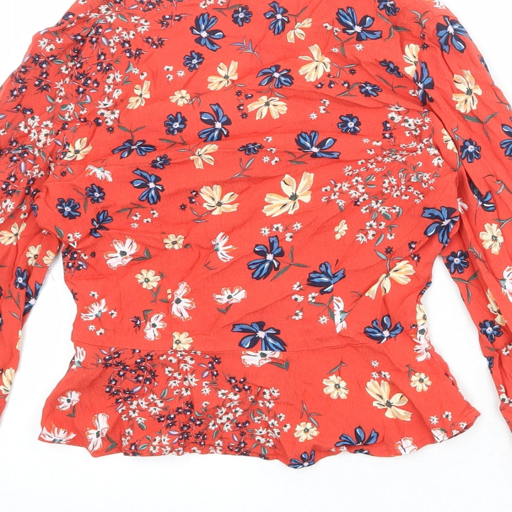 H&M Womens Red Floral Viscose Basic Button-Up Size 6 V-Neck