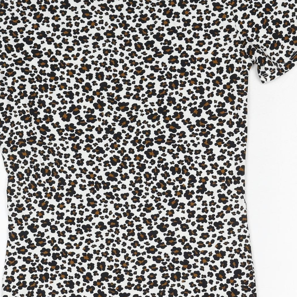 Marks & Spencer Womens Multicoloured Animal Print Cotton Basic T-Shirt Size 6 Crew Neck - Leopard Print