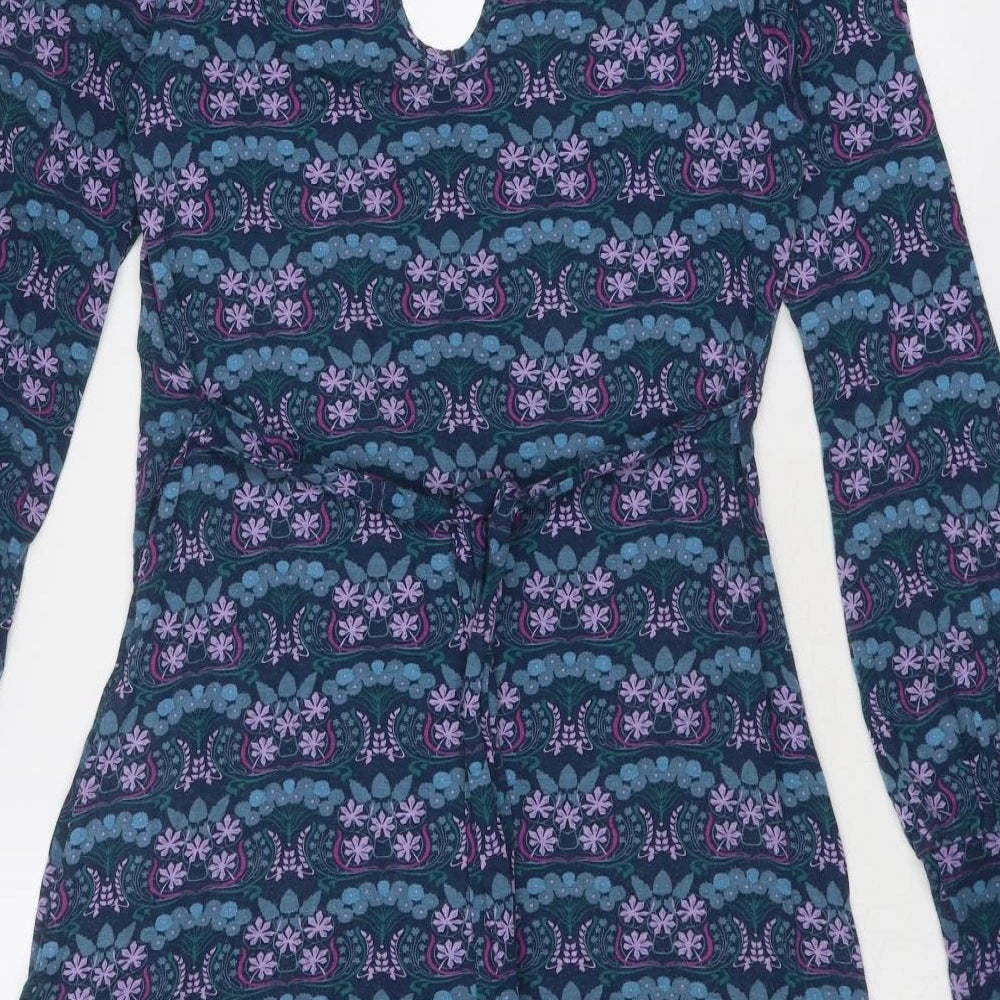 Warehouse Womens Blue Floral Viscose A-Line Size 12 Scoop Neck Pullover