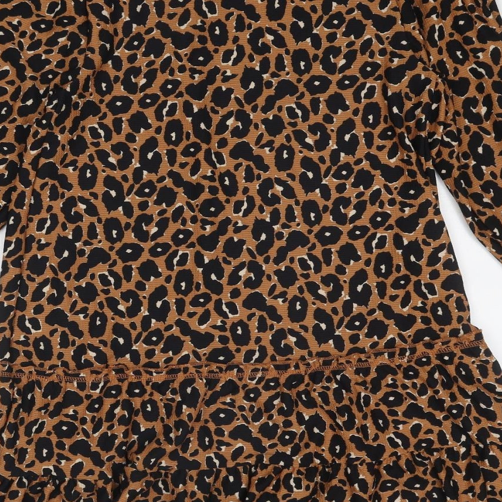 Brand and care label for Miss Selfridge women’s brown animal print polyester a-line, mock neck pullover - leopard print