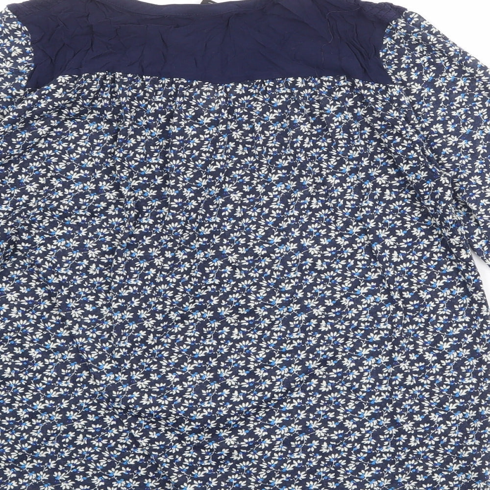 H&M Womens Blue Floral Polyester Basic Blouse Size M V-Neck