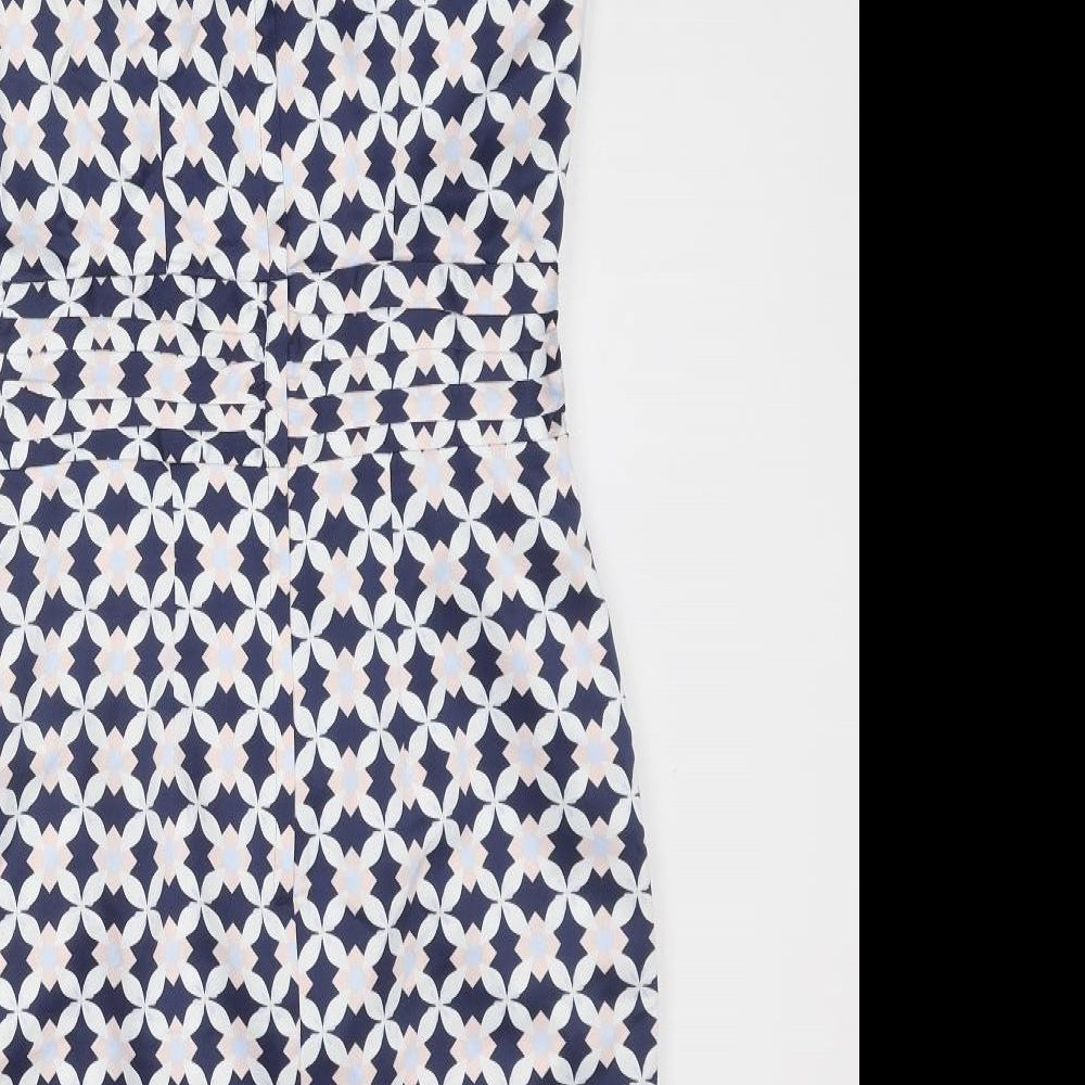 H&M Womens Blue Geometric Polyester Shift Size 6 V-Neck Zip