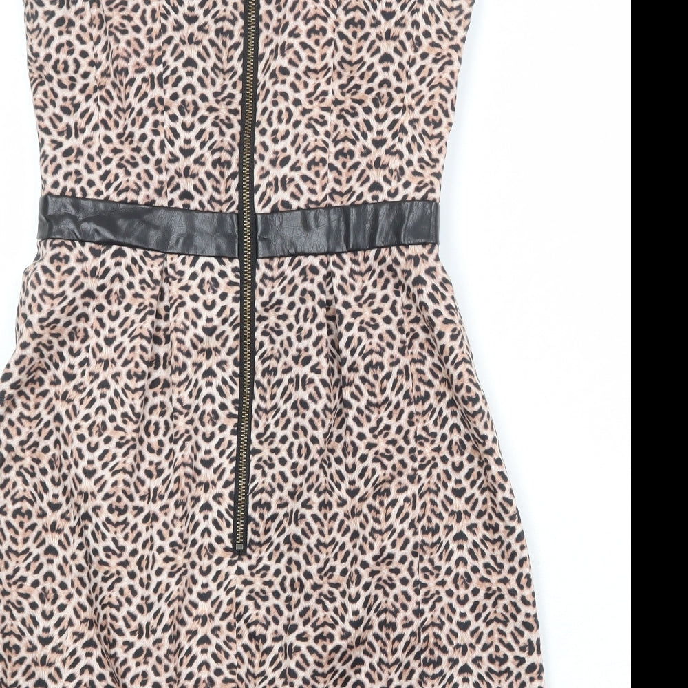 Warehouse Womens Beige Animal Print Cotton A-Line Size 10 Round Neck Zip - Leopard Print