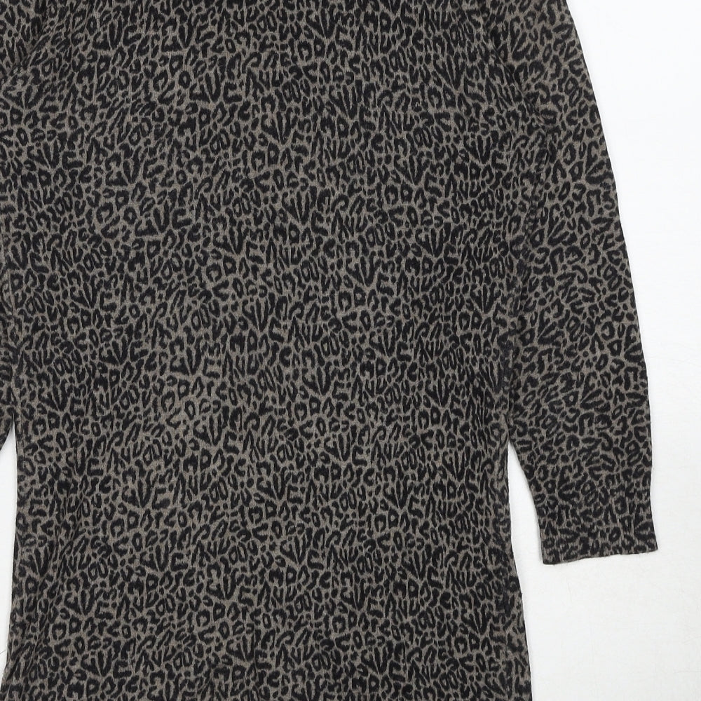Warehouse Womens Black V-Neck Animal Print Viscose Cardigan Jumper Size 6 - Leopard Pattern
