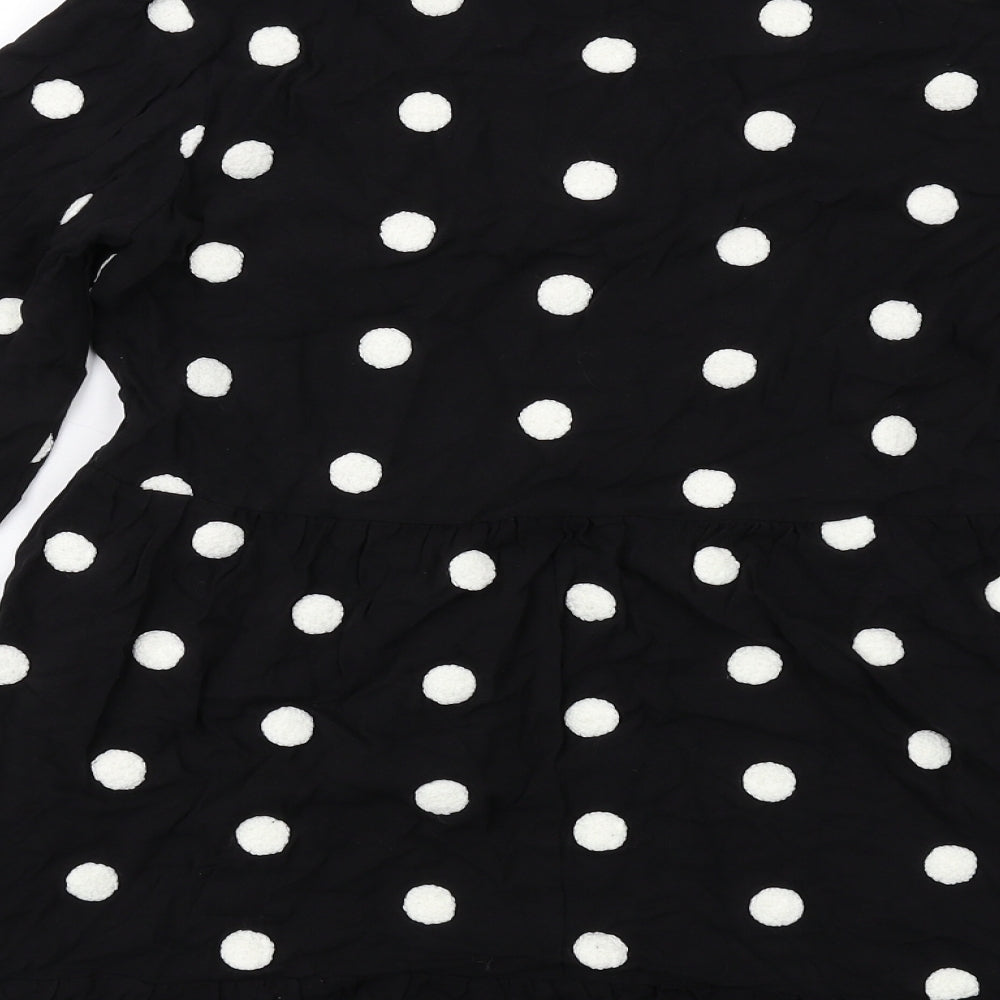 Zara Womens Black Polka Dot Viscose Skater Dress Size M V-Neck Pullover