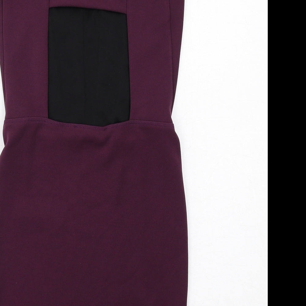 Brand and care label for Miss Selfridge women’s purple polyester shift, size UK 8, square neck pullover