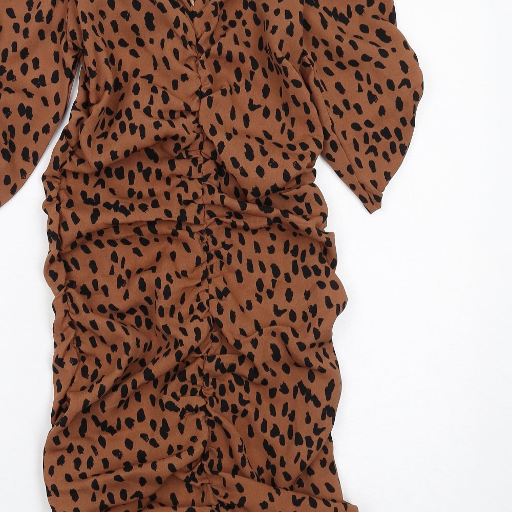 I SAW IT FIRST Womens Brown Geometric Polyester Bodycon Size 10 V-Neck Zip