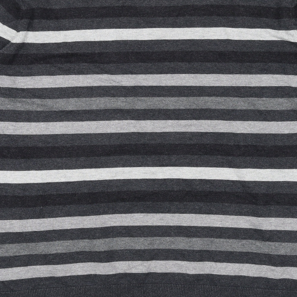 Marks & Spencer Mens Grey V-Neck Striped Cotton Pullover Jumper Size M Long Sleeve