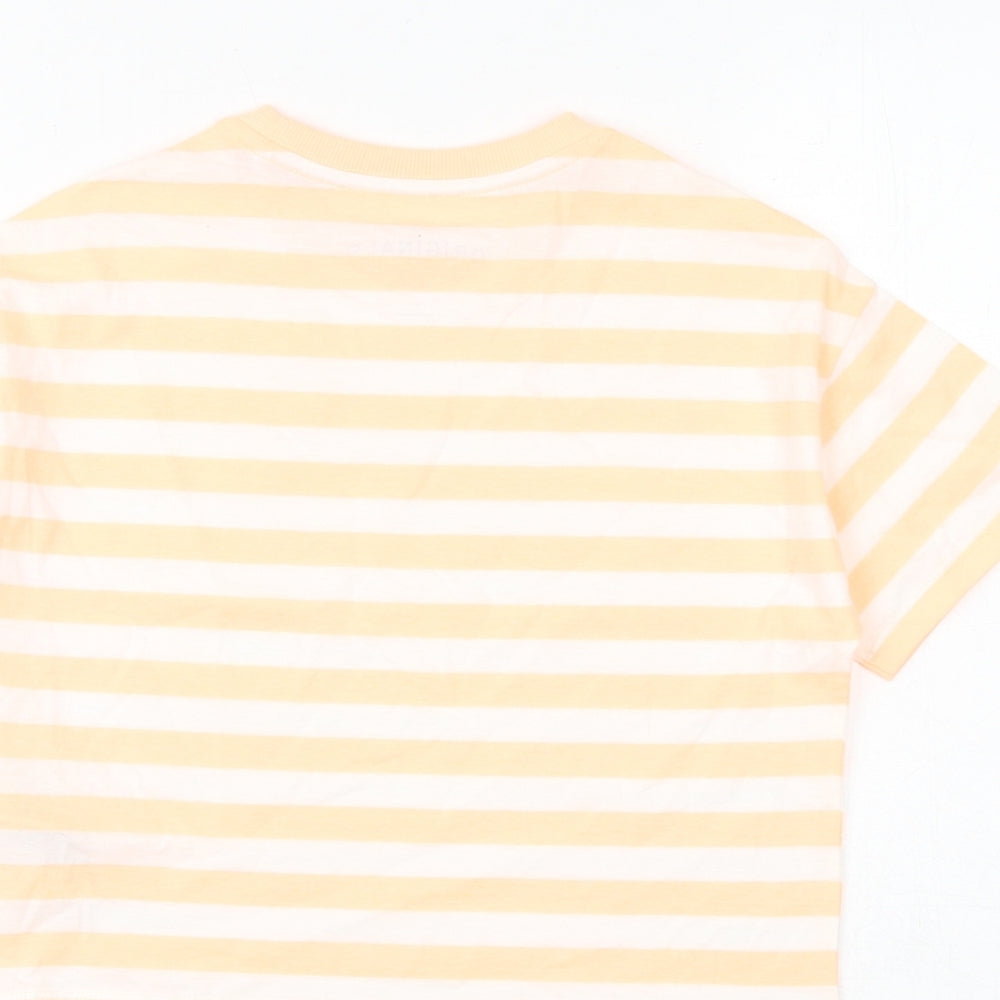 Marks & Spencer Girls Orange Striped Cotton Basic T-Shirt Size 7-8 Years Round Neck Pullover