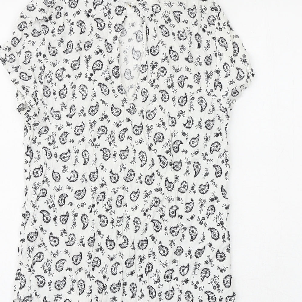 H&M Womens White Paisley Viscose Basic Blouse Size 8 Boat Neck