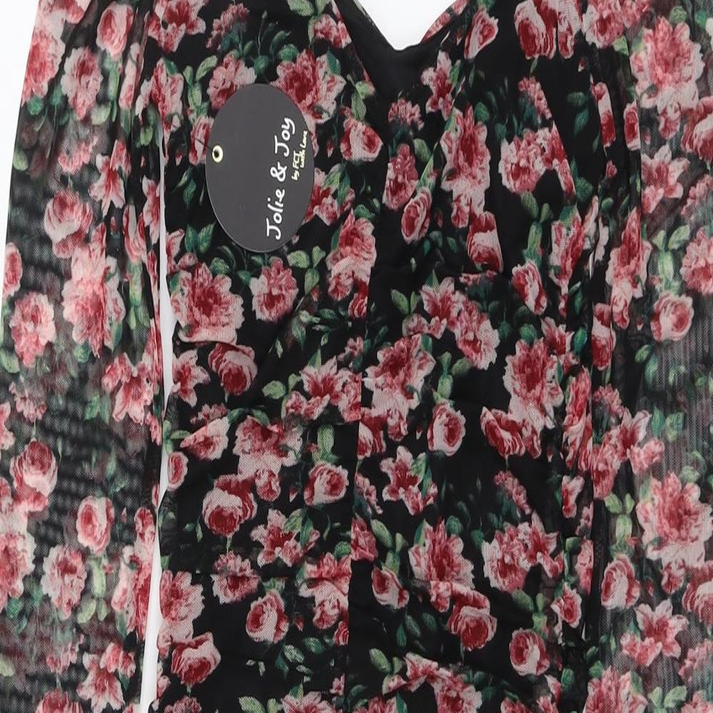 Jolie & Joy Womens Black Floral Polyester Bodycon Size S V-Neck Pullover