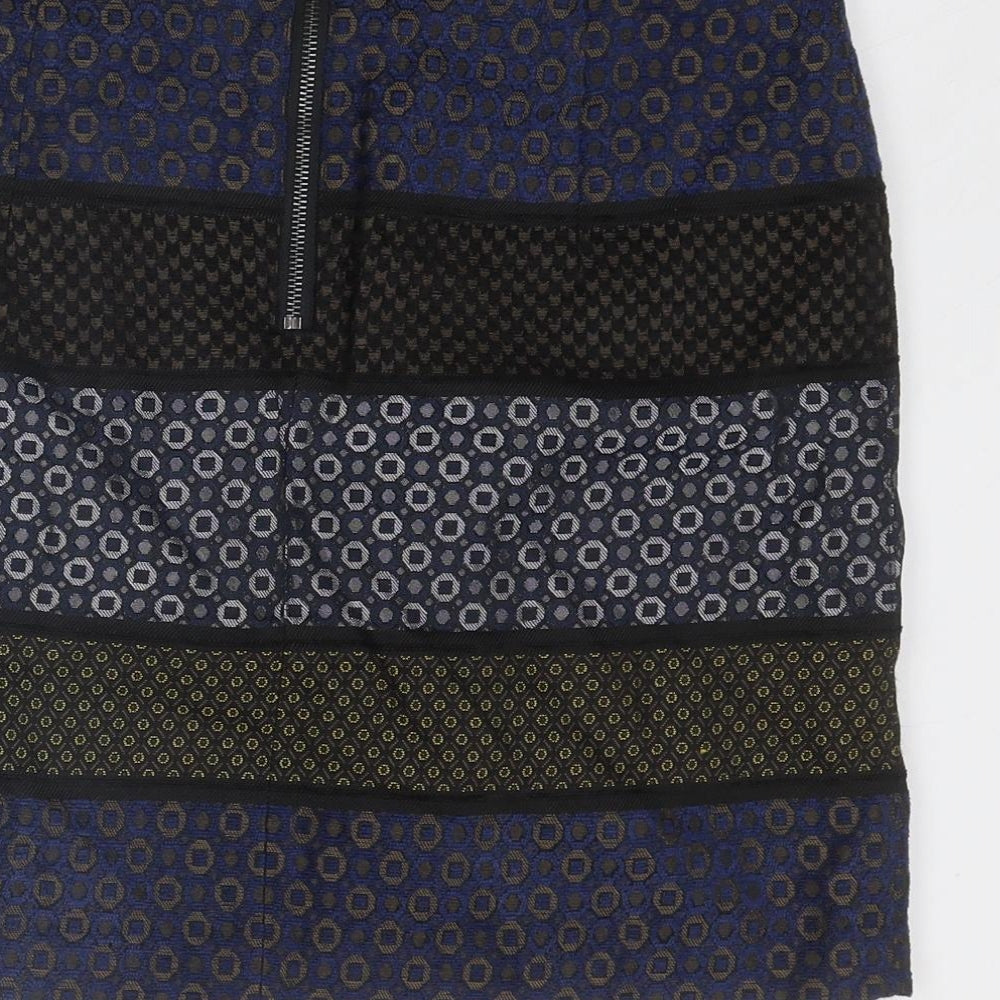 Marks & Spencer Womens Blue Geometric Polyester A-Line Skirt Size 8 Zip