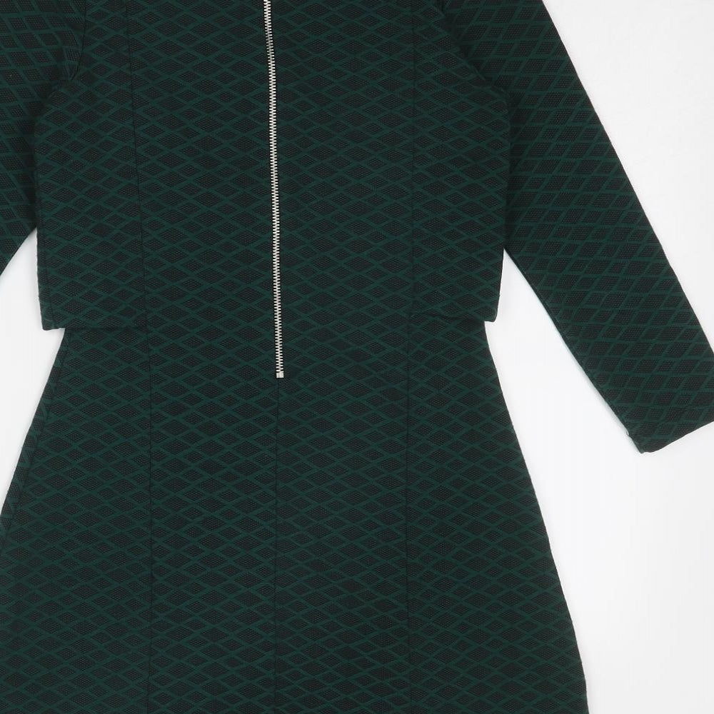 Topshop Womens Green Geometric Polyester A-Line Size 8 Round Neck Zip
