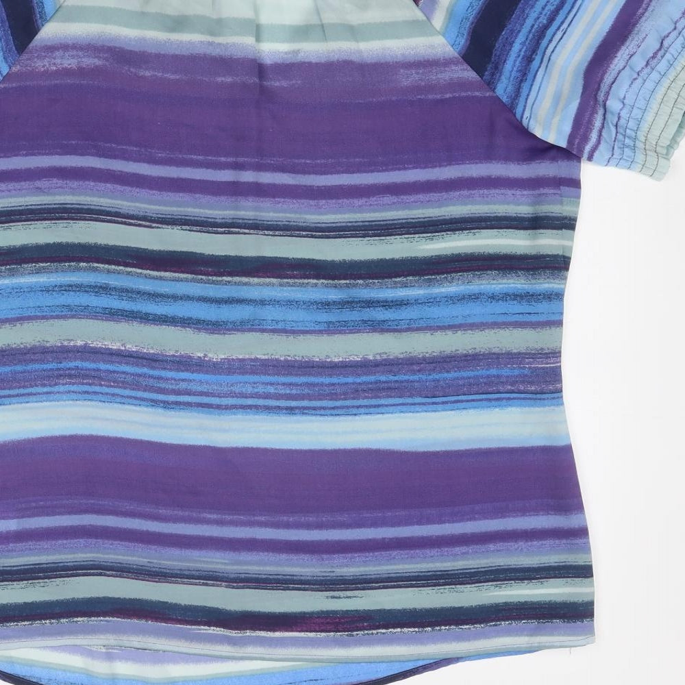 Gharani Strok Womens Blue Striped Polyester Basic T-Shirt Size L V-Neck