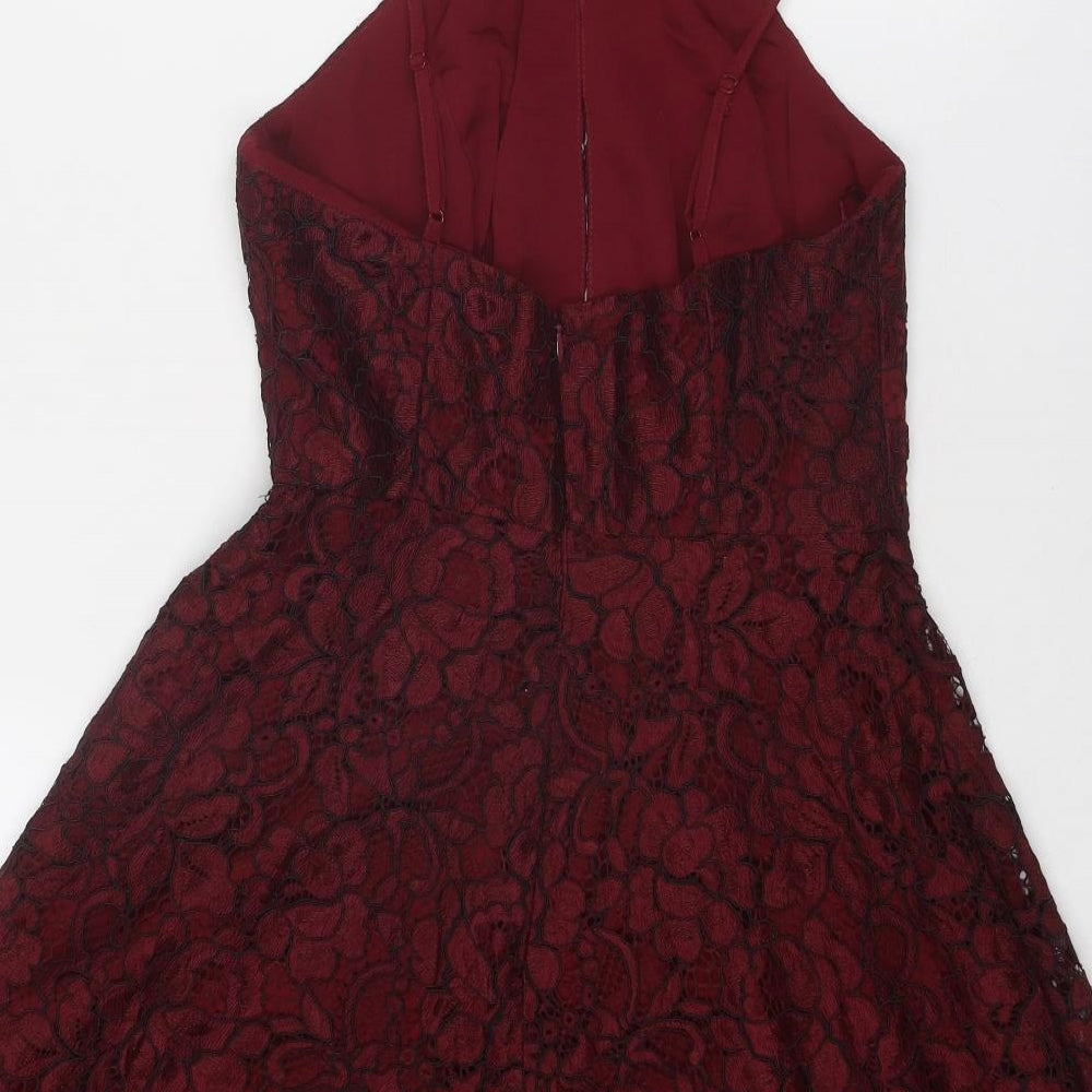 New Look Womens Red Floral Nylon Fit & Flare Size 10 V-Neck Zip