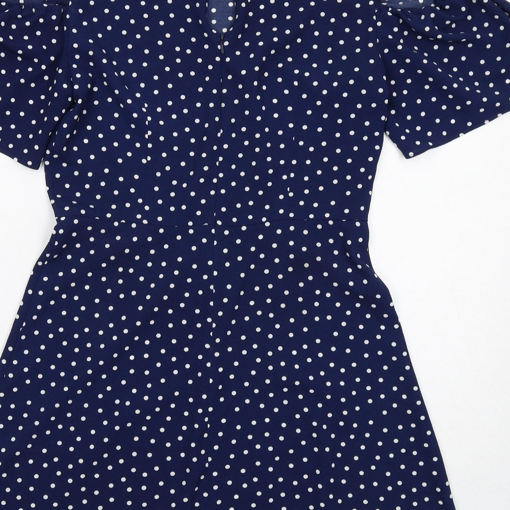 Miss Selfridge Womens Blue Polka Dot Polyester A-Line Size 10 Round Neck Zip - Cold Shoulder