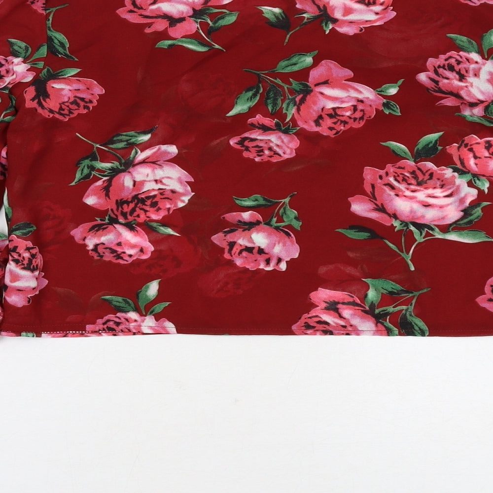 Missguided Womens Red Floral Polyester Basic Blouse Size 6 Round Neck