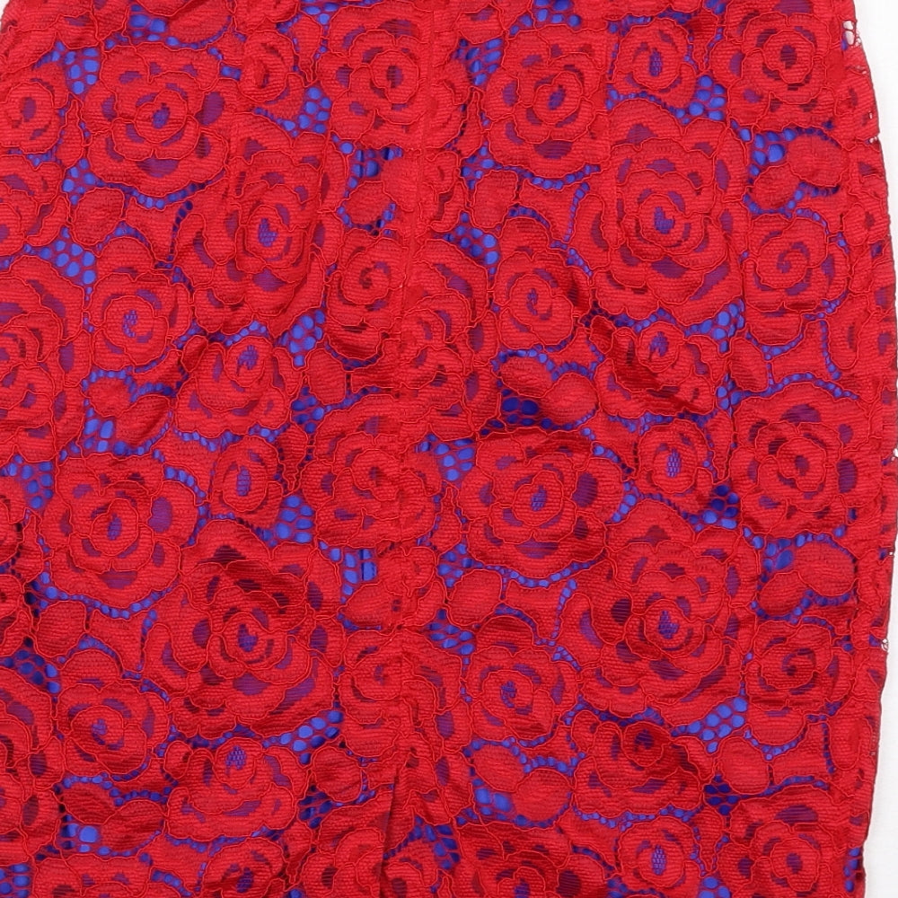 Marks & Spencer Womens Red Floral Polyamide A-Line Skirt Size 8 Zip