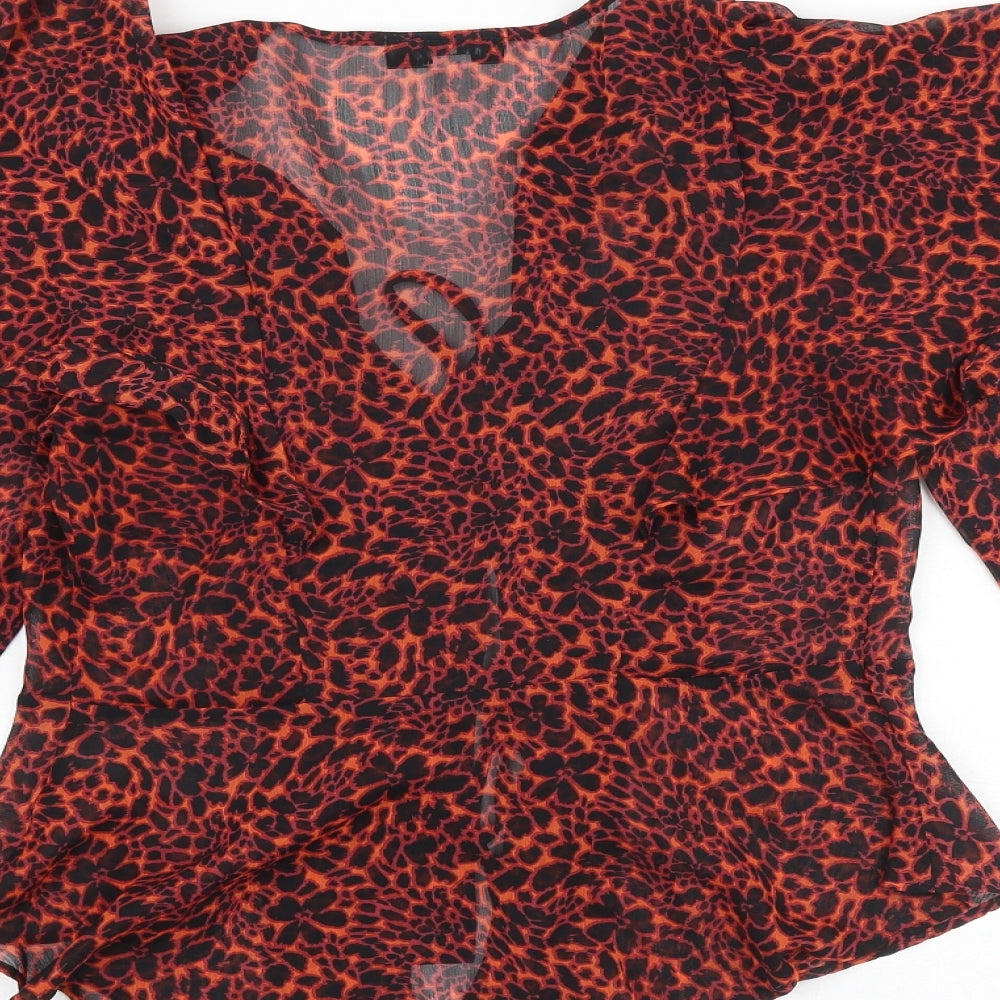Topshop Womens Orange Animal Print Polyester Basic Blouse Size 8 V-Neck
