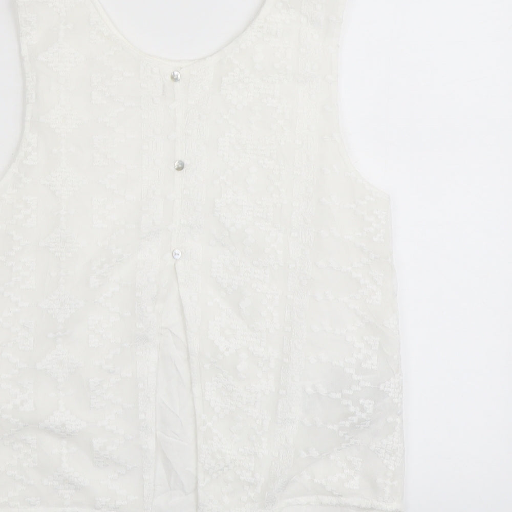 Mango Womens White Geometric Polyester Basic Tank Size S Round Neck