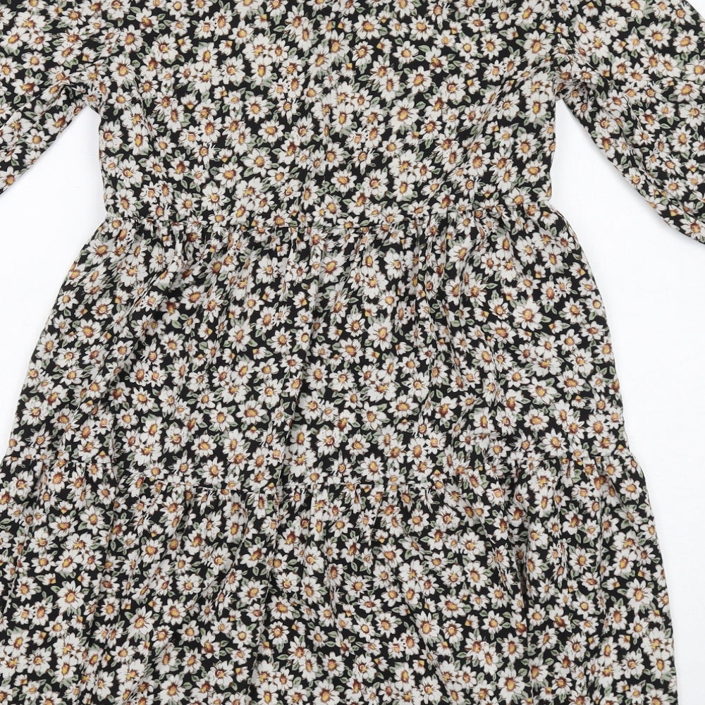 New Look Womens Black Floral Polyester A-Line Size 8 Round Neck Button - Tiered