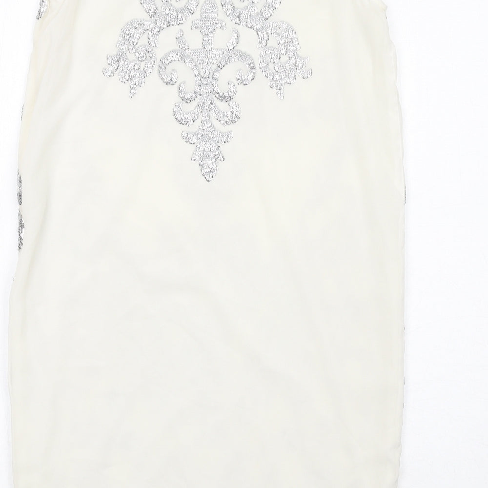 River Island Womens Ivory Geometric Polyester Shift Size 10 Boat Neck Zip - Embellished