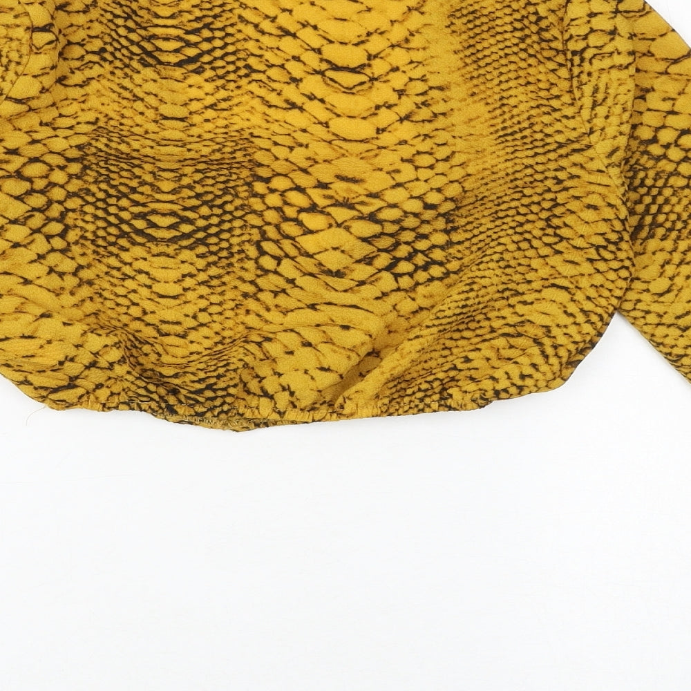 PRETTYLITTLETHING Womens Yellow Animal Print Polyester Cropped Blouse Size 6 V-Neck - Snake Print