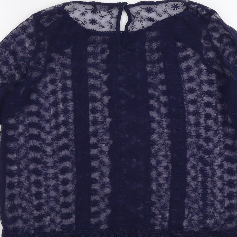 M&Co Womens Blue Floral Polyester Basic Blouse Size 10 Boat Neck - Crocheted Lace Trim