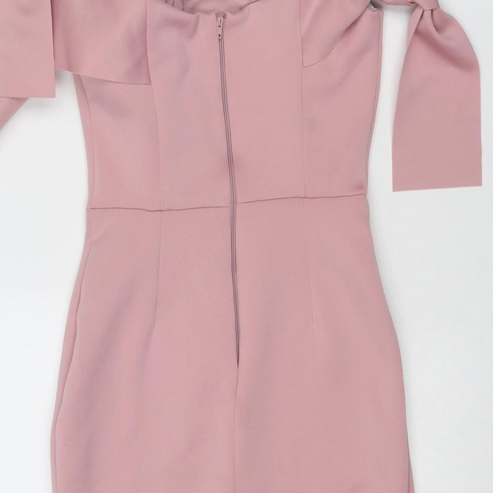 ASOS Womens Pink Polyester Mini Size 6 Off the Shoulder Zip - Tie Sleeve Detail