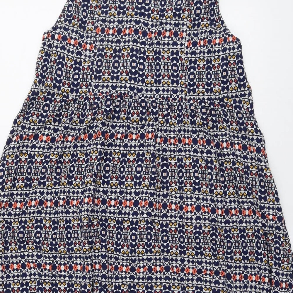 H&M Womens Blue Geometric Viscose Tank Dress Size 10 Round Neck Button