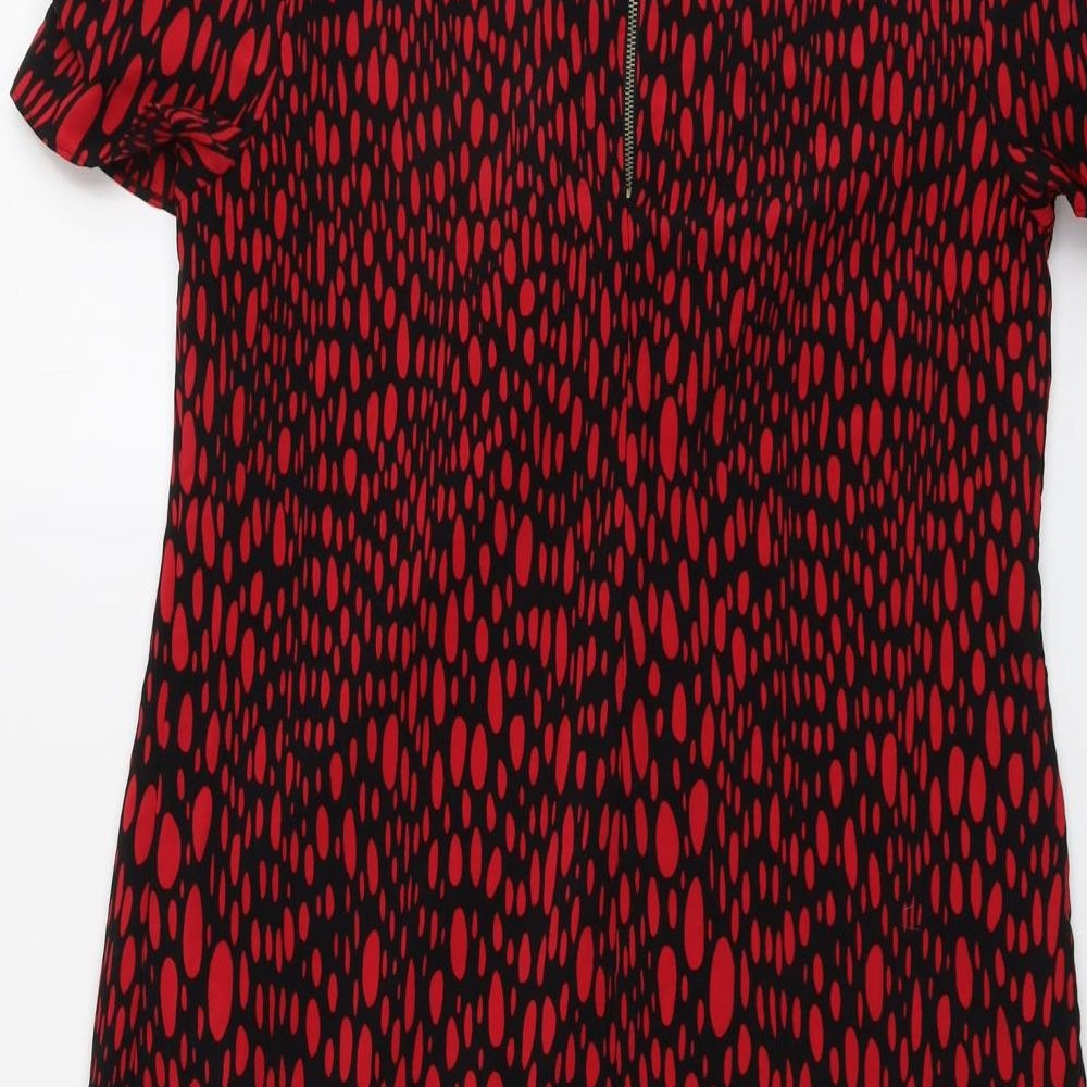 Marks & Spencer Womens Red Geometric Polyester Sheath Size 14 Boat Neck Zip