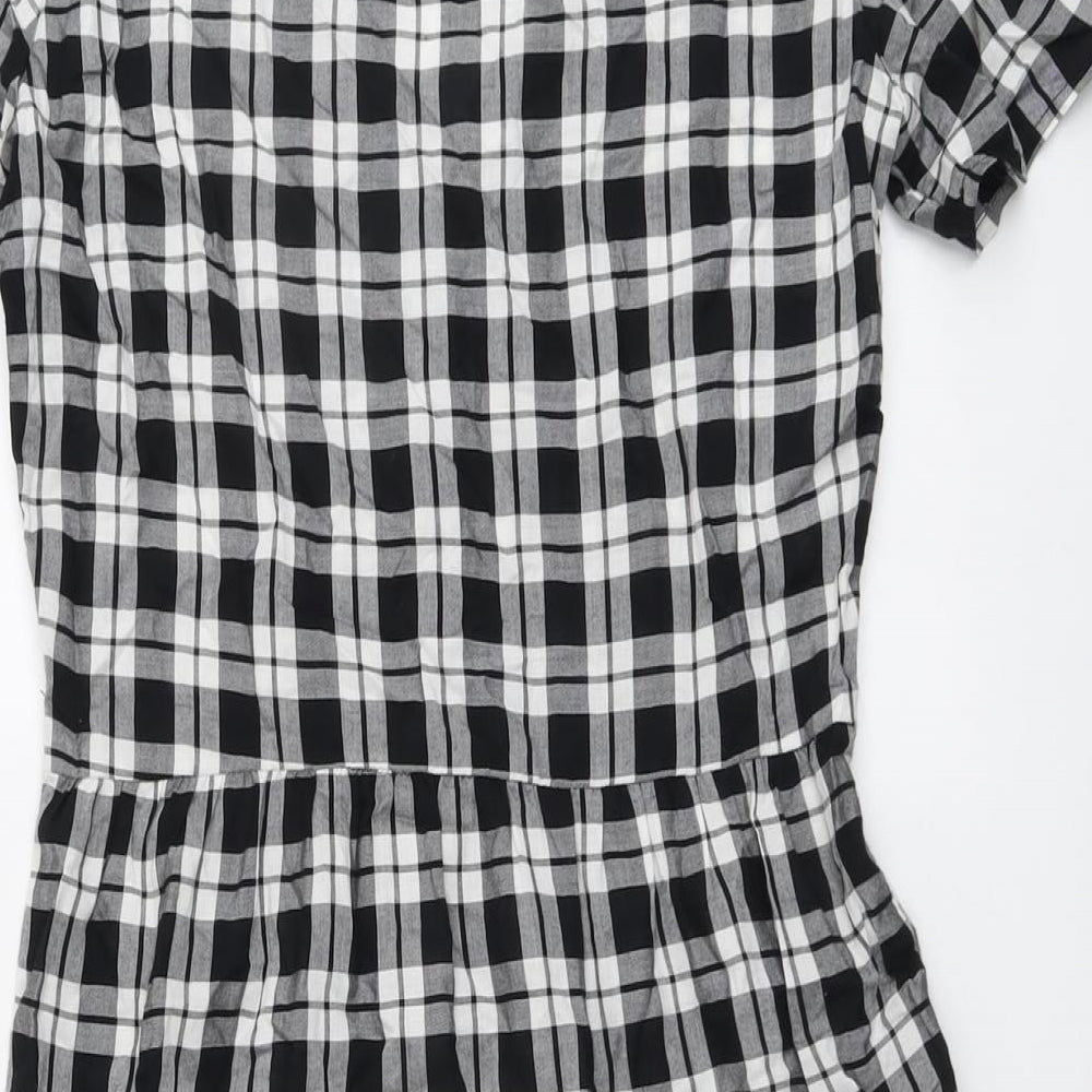 H&M Womens Black Plaid Viscose A-Line Size 6 V-Neck Button - Tiered