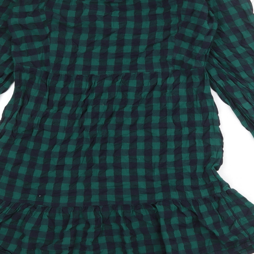Marks & Spencer Womens Green Check 100% Cotton A-Line Size 8 Round Neck Button