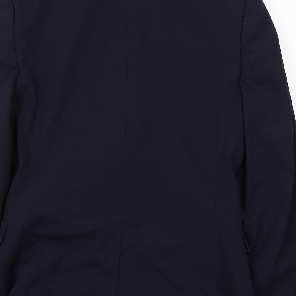 Brand and care label for ASOS men’s blue polyester jacket suit jacket, size 36, regular