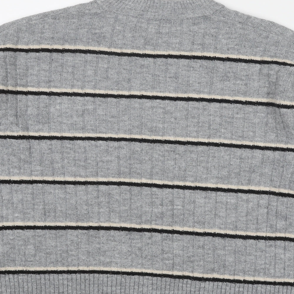 Warehouse Womens Grey Round Neck Striped Acrylic Pullover Jumper Size 6