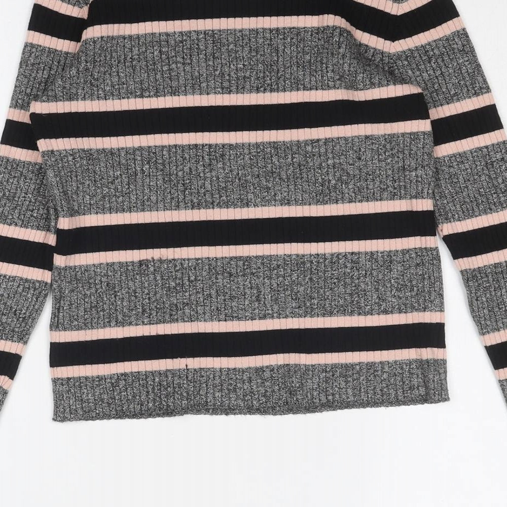 Divided by H&M Womens Grey Round Neck Striped Viscose Pullover Jumper Size M